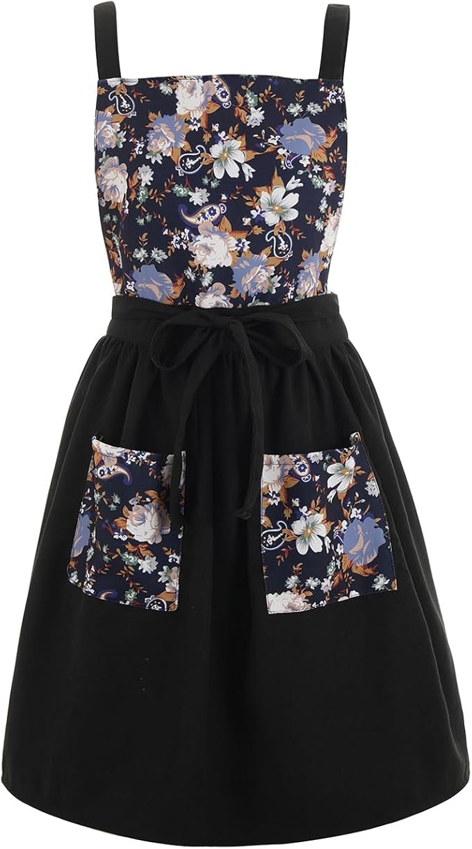 Pinknoke Vintage Pinafore Apron Dress for Women with Pockets Cute Floral Chef Aprons for Kitchen Cooking Baking Gardening