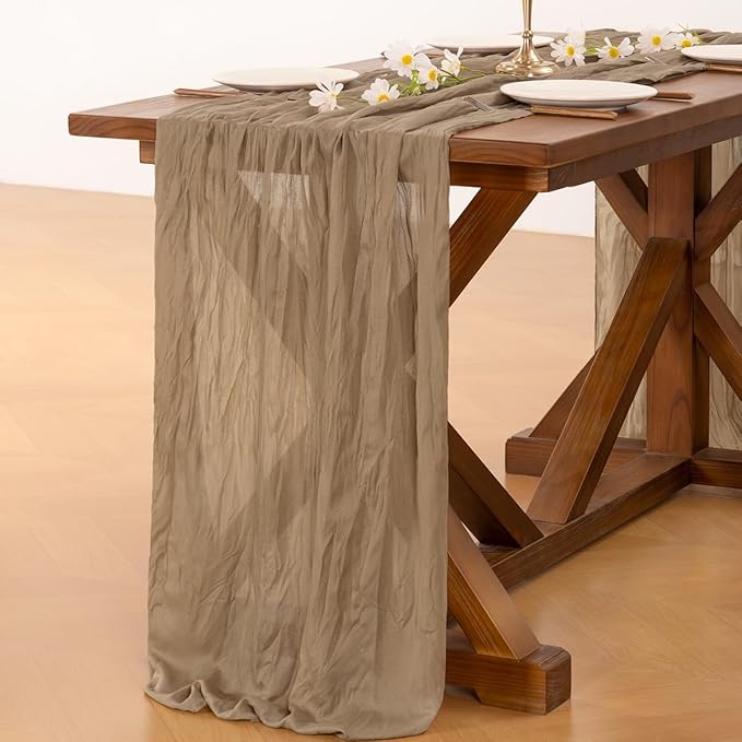 Socomi 2pcs Nude Brown Cheesecloth Table Runner Easter Spring Boho Rustic Gauze 120 inch 10FT Cheese Cloth Runner for Wedding Party Baby Shower Birthday Home Decor Holiday Decorations