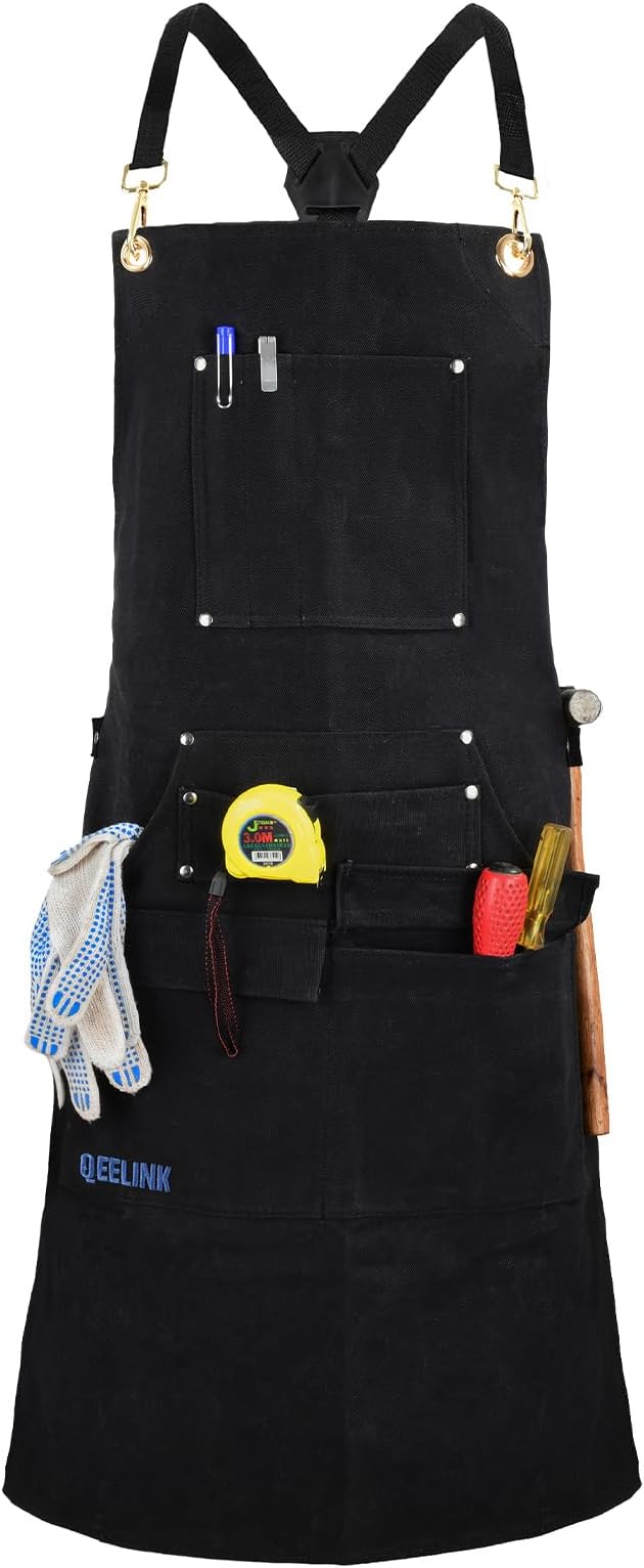 QeeLink Woodworking Shop Apron with 10 Pockets FR Waxed Canvas Work Apron - Flame Retardant - Adjustable M to XXXL for Men & Women, Black