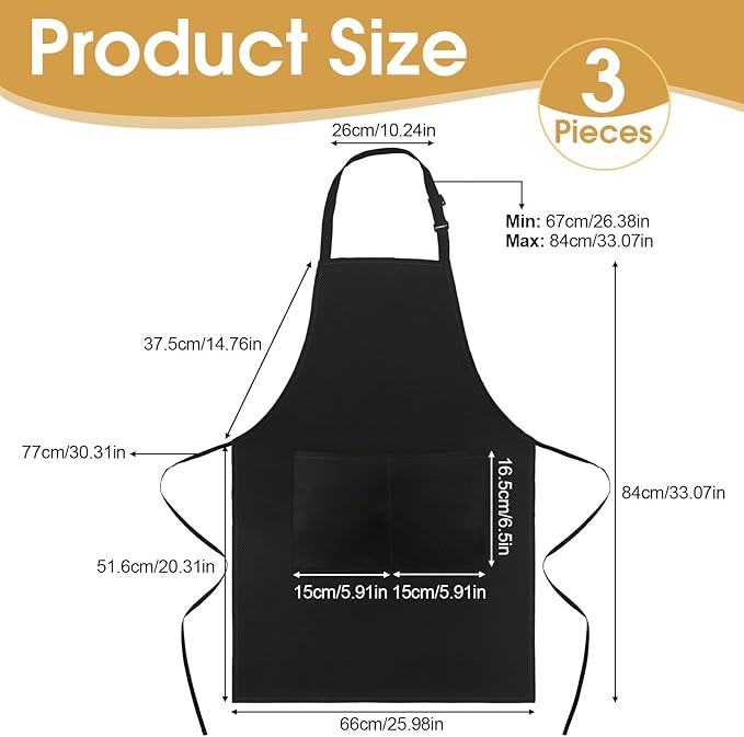 3 Pack Black Aprons for Women with Pockets, Adjustable Water Resistant Cooking Apron Unisex Bib for Chef Men and Women