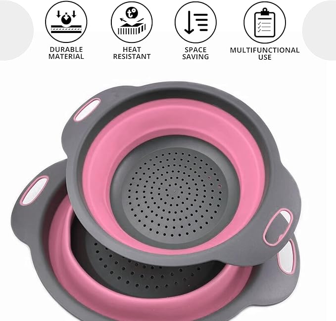 Pink Round Silicone Collapsible Colander – Small Silicone Round Kitchen Strainers with Plastic Handles Foldable Kitchen Strainer Perfect for Draining Pasta Vegetable and Fruit