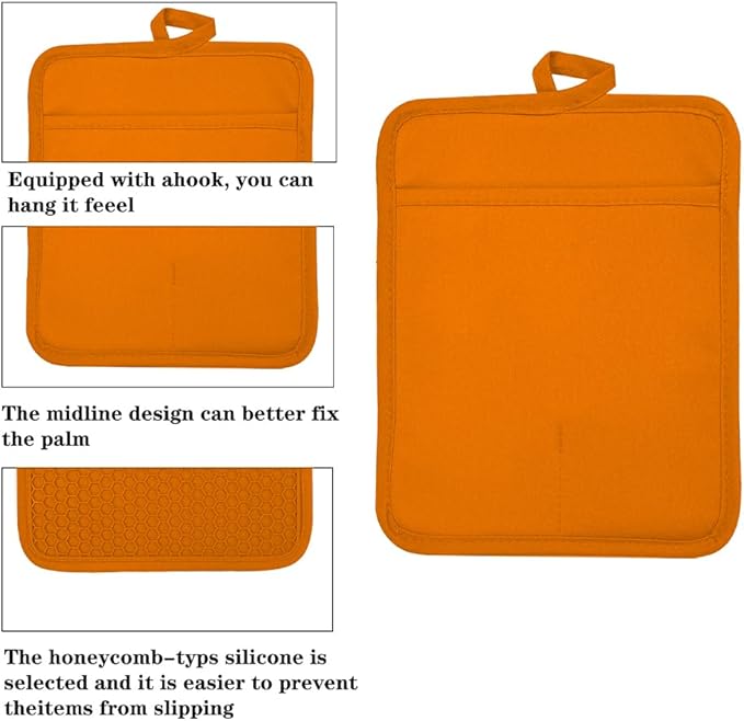 Oven Pot Holder with Pocket Cotton Heat Resistant Coaster Potholder Kitchen Hot Pad Oven Mitts for Cooking and Baking Square 7"x9" (Orange, Silicone)