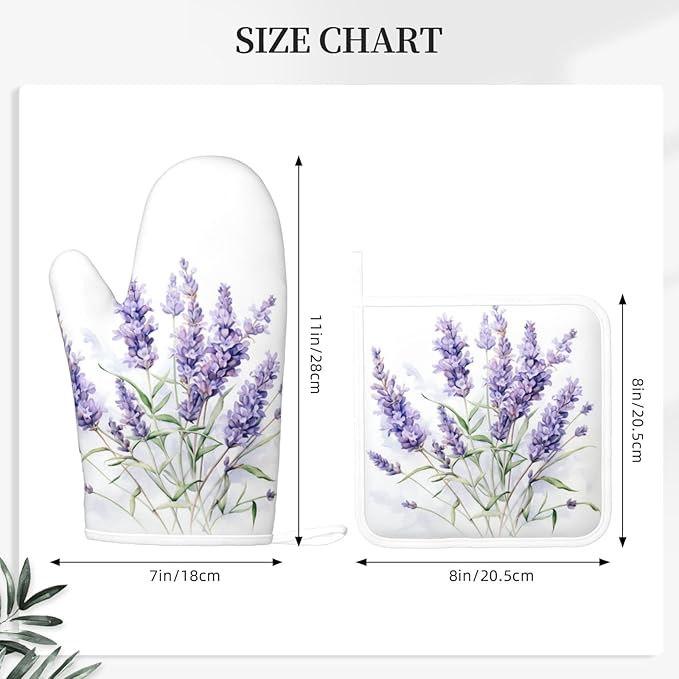 Oven Mitts and Pot Holders Lavender Watercolor Flower Floral Silicone Kitchen Accessories Set of 2 Heat Resistant Long Gloves Potholder Non-Slip Grip for Chef Cooking,Baking,Grilling,BBQ