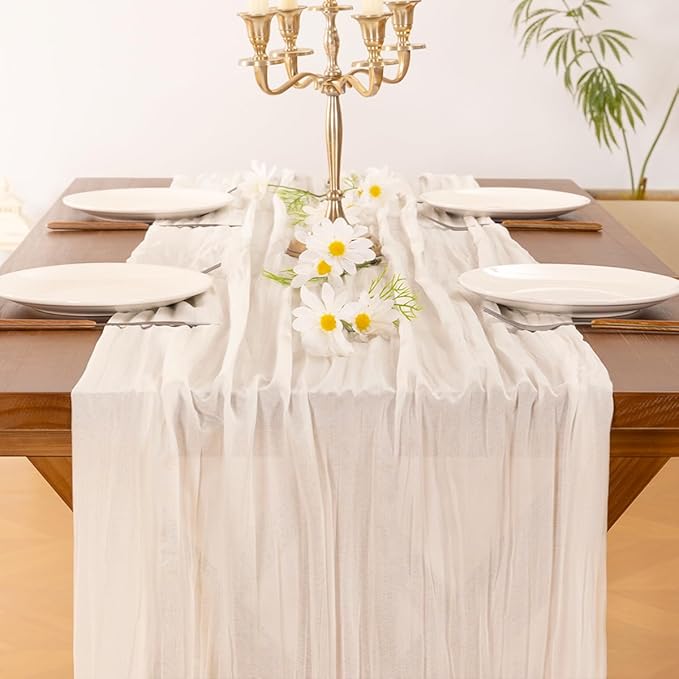 Socomi 3pcs Ivory White Cheesecloth Table Runner Easter Spring Boho Rustic Gauze 120 inch 10FT Cheese Cloth Runner for Wedding Party Baby Shower Birthday Home Decor Holiday Decorations