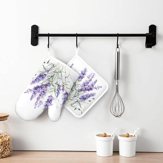 Oven Mitts and Pot Holders Lavender Watercolor Flower Floral Silicone Kitchen Accessories Set of 2 Heat Resistant Long Gloves Potholder Non-Slip Grip for Chef Cooking,Baking,Grilling,BBQ