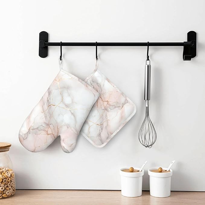 Oven Mitts and Pot Holders Pastel White Pink Marble Silicone Kitchen Accessories Set of 2 Heat Resistant Long Gloves Potholder Non-Slip Grip for Chef Cooking,Baking,Grilling,BBQ
