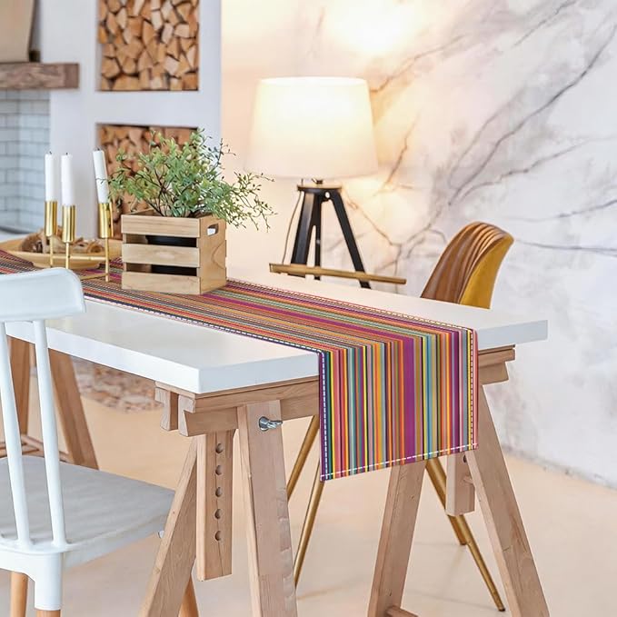 Niviy Bright Colorful Striped Table Runner, 12x72 Inch Mexican Rainbow Colored Geometric Pattern Table Runners for Holiday Party Kitchen Dining Room Decoration