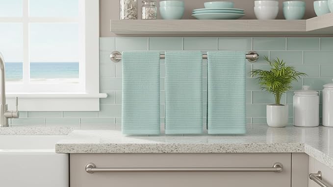 Seafoam Light Sage Aqua Mineral Green Kitchen Hand Dish Towels: Oversized 28" x 18", 100% Cotton Cloth Soft Cleaning Drying Absorbent Ribbed Design, Set of 3 Multipurpose for Everyday Use