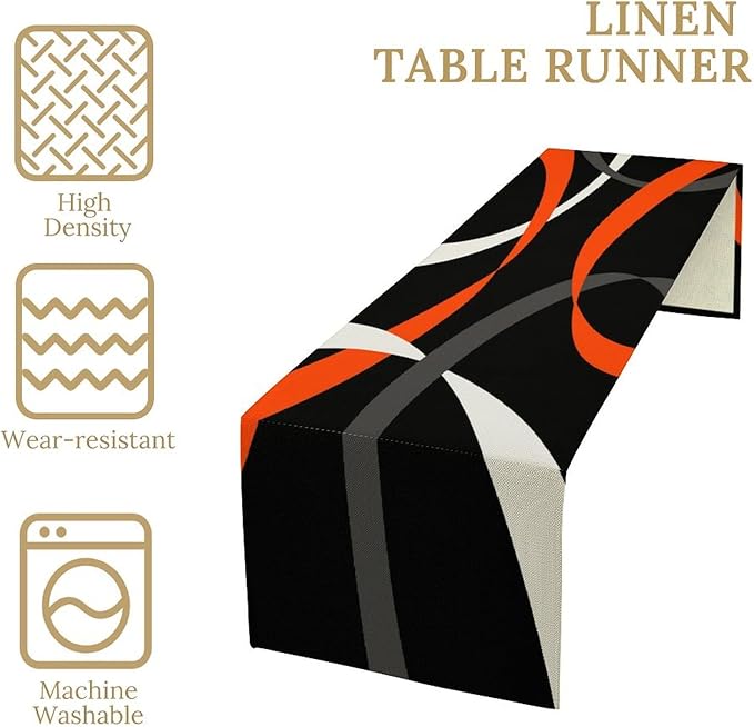 Abstract Orange Geometric Table Runner Grey and White Striped Black Background Modern Kitchen Dinner Runner for Indoor Home Living Room Party Dining Table Decoration 13"x120"