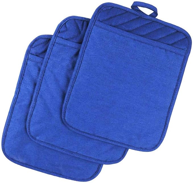 Anyi Pot Holders for Kitchen Heat Resistant, Cotton Hot Pads for Counter Table, Blue Kitchen Pot Holders with Pocket