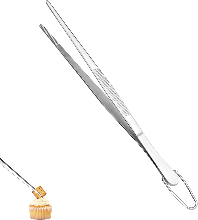 U-Taste 8in Kitchen Plating Tweezer: 18/8 Stainless Steel Food-Grade Metal Food Tong, Seamless-Welding, Sturdy and Flexible with Non-Slip Tips for Serving, Decorating, Cooking, Baking (Pointed Tip)