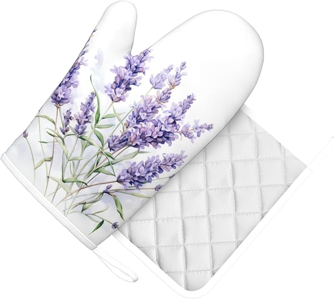Oven Mitts and Pot Holders Lavender Watercolor Flower Floral Silicone Kitchen Accessories Set of 2 Heat Resistant Long Gloves Potholder Non-Slip Grip for Chef Cooking,Baking,Grilling,BBQ