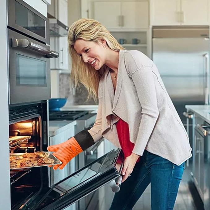 Comsmart BBQ Gloves, Heat Resistant Silicone Grilling Gloves, Long Waterproof BBQ Kitchen Oven Mitts with Inner Cotton Layer for Barbecue, Cooking, Baking, Smoker(Orange)