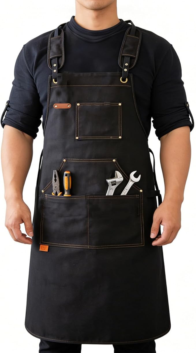 Kitchen apron 16oz canvas with cross-back, waterproof and oil-proof, heavy-duty gardening apron with multiple pockets