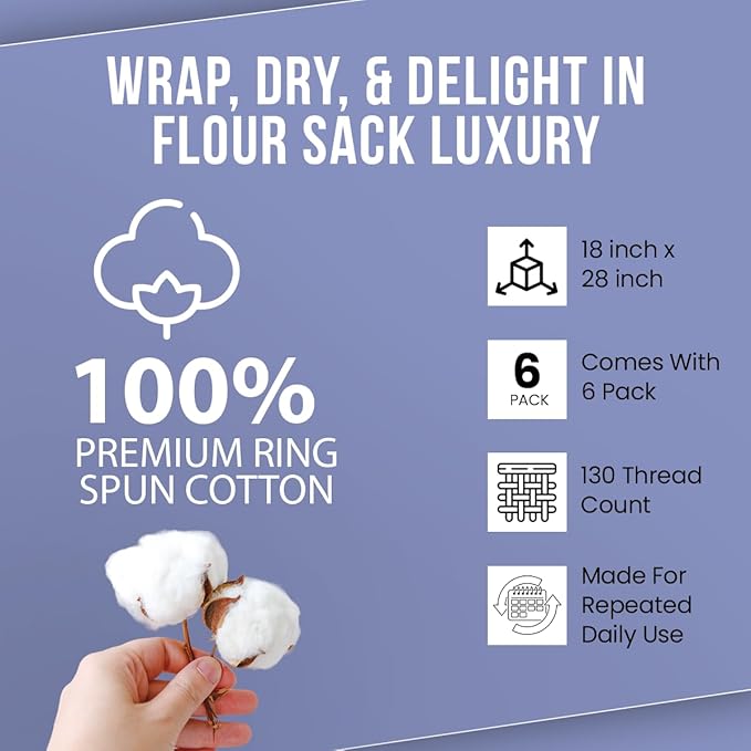 WHITEWRAP Flour Sack Towels| Tea Towel for Crafts| Kitchen Dish Cotton Blank Towel for Embroidery|Baking Bread Proofing Linen Cover| Thick Absorbent Quick Dry| 6 Pack 18"x28" Natural