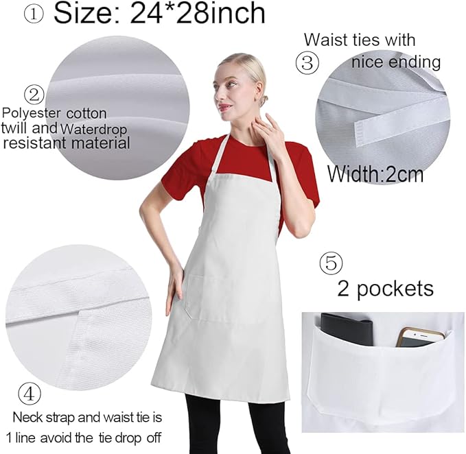 Total 15 PCS Plain Color Bib White Apron for Women Adult with 2 Front Pocket