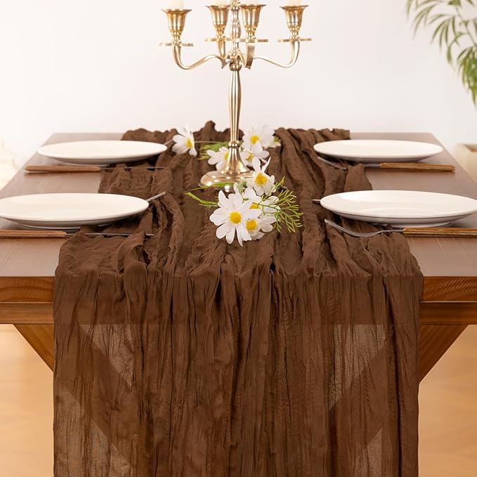 Socomi 10pcs Brown Coffee Cheesecloth Table Runner Boho Rustic Gauze 120 inch 10FT Cheese Cloth Runner for Wedding Party Baby Shower Birthday Home Decor Holiday Decorations