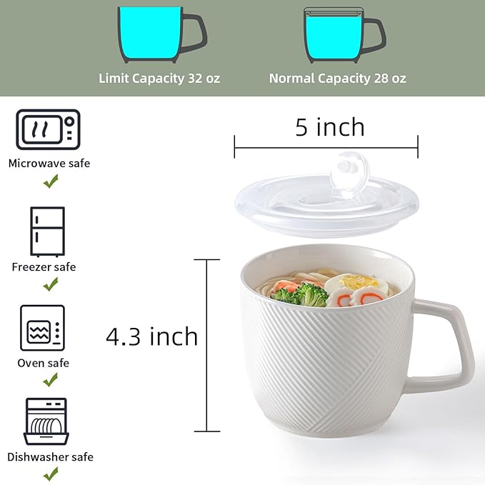 Ceramic Soup Bowl with Lid & Handle: 32 oz Microwave Safe Food Container for Ramen Noodles Cereal Leftovers - Extra Large Mugs for Breakfast Lunch Picnic Camping - White, Set of 1