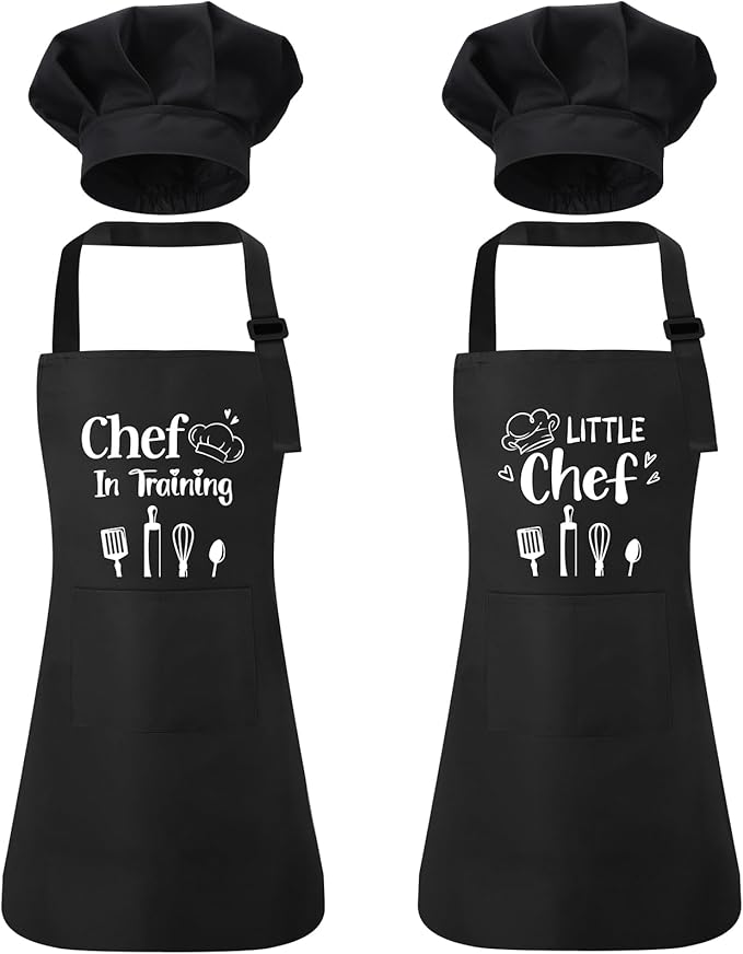 2 Pack Kids Apron and Chef Hat Adjustable Kitchen Cooking Apron with Pockets Kids Funny Apron for Girls Boys