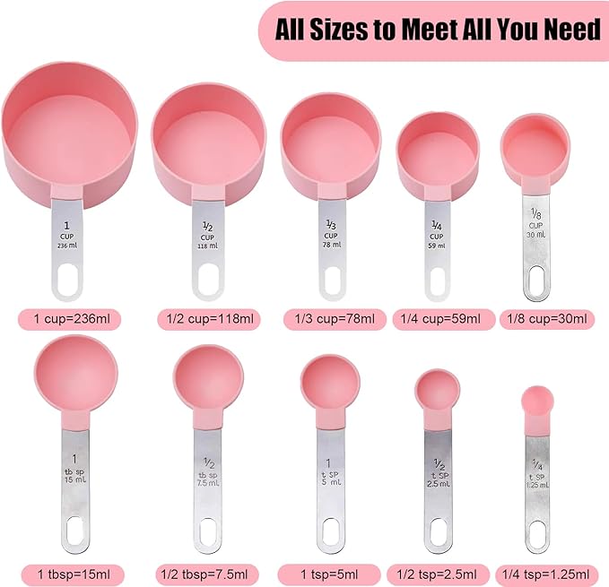 Measuring Cups and Spoons Set, 10-Piece Stackable Kitchen Tools with Stainless Steel Handles, Nesting Measurement Gadgets for Cooking & Baking (pink)