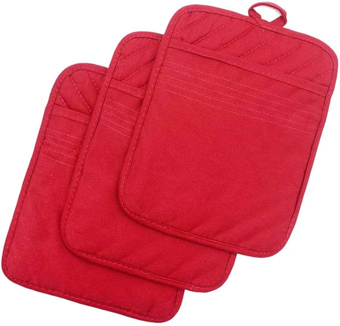 Anyi Pot Holders for Kitchen Heat Resistant, Cotton Hot Pads for Counter Table, Red Kitchen Pot Holders with Pocket