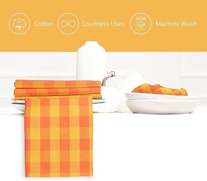 PurpleEssences Buffalo Plaid Cloth Napkins - Mitered Corners - Spring Easter Summer - Gingham Check Dinner Napkin - Set of 12-100% Cotton - 18x18 Inch - Reusable Washable - Orange and Golden Yellow