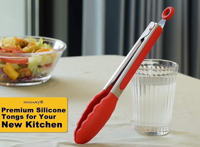 HINMAY 9" Silicone Kitchen Tongs with Silicon tips, Set of 3 (Red Blue Green)