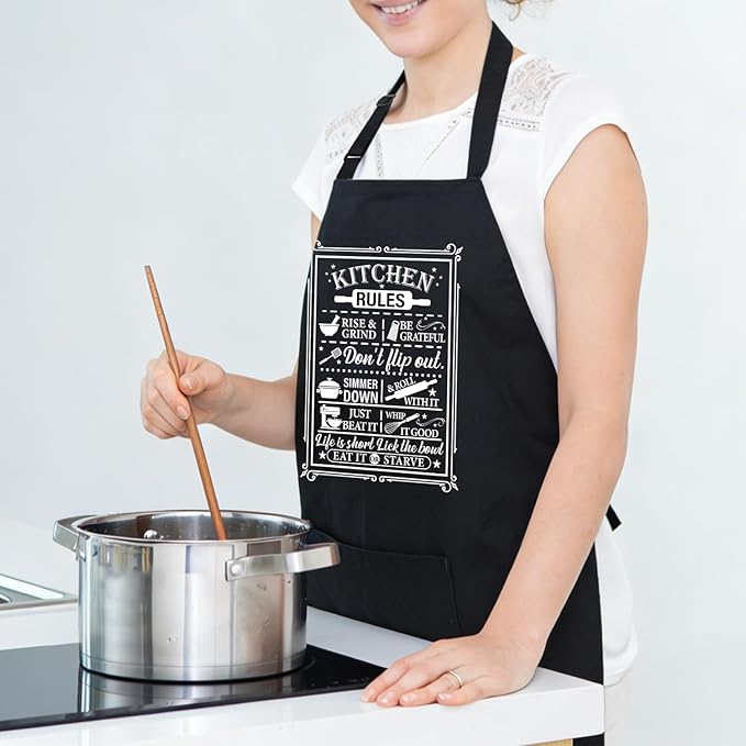 Black Baking Aprons for Women, Adjustable Cooking Baking Kitchen Aprons for Mom Chef with Pockets