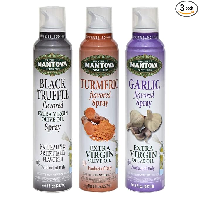 Mantova Spray Extra Virgin Olive Oil Variety Set - Garlic | Black Truffle | Turmeric - 8 Fl. Oz. (Pack Of 3) - Product Of Italy