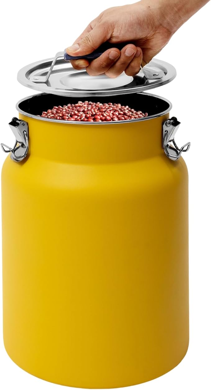 12L/3.17Gal Stainless Steel Airtight Canister Yellow Round Food Storage Canisters with Airtight Lid&Locking Clamp Rice Cereal Grain Canisters Container Bucket for Rice Milk Jug Coffee Bean Storage