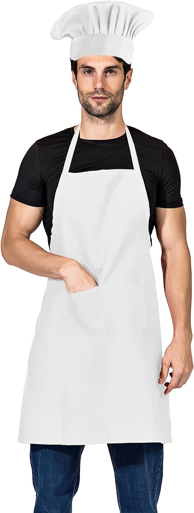 White Chef hat and Apron for Adults Men Women, Cooking Grilling BBQ Kitchen Chef Apron and Butcher Hat Set (1, White)