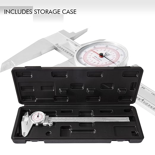 PECtools 8 Inch Dial Caliper, DIN 862 Inch/Metric Double Dial Caliper, 0-200mm, 0.001"/0.02mm Resolution, Stainless Steel, Shock Resistant, with Case