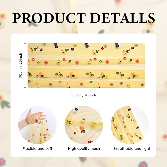 Artoid Mode Yellow Wildflower Floral Gauze Embroidery Table Runner 120 Inch 10FT, Tulle Seasonal Spring Kitchen Dining Table Decor for Home Party