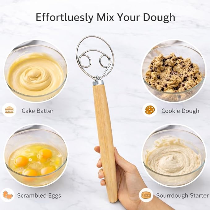 Sourdough Tools Danish Dough Whisk & Bread Lame Set for Sourdough Bread – Wooden Handle Dough Whisk Mixer and Bread Scoring Tool, Artisan Sourdough Baking Tools & Bread Baking Supplies