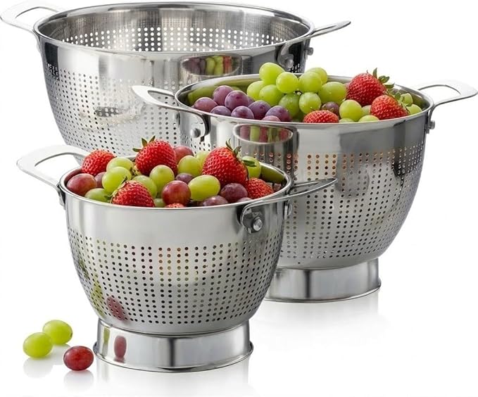 YH-Goods Stainless Steel Colander - 3-Piece Kitchen Sink Strainer Set for Pasta, Rice, Fruit, Food - Stackable Strainers and Colanders, (5-Quart, 3-Quart, and 1.5-Quart)