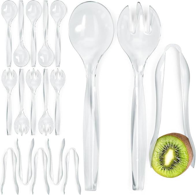 Disposable Plastic Serving Utensils - Set of 18 Clear Buffet Serving Utensils, 6 Each 6" Tongs, 10” Spoons, 10” Forks