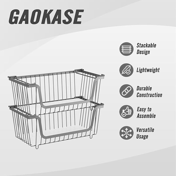 GAOKASE 4 Pcs Stackable Wire Baskets for Pantry Organizers and Storage,Vegetable Fruit Basket for Countertop,Kitchen Storage Metal Baskets,Produce Potato Onion Storage Bin,Gray