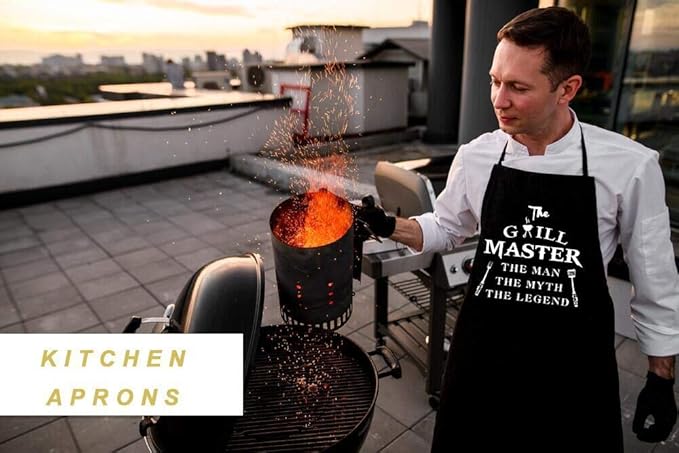 Rosoz Funny Aprons for Men - The Grill Master, The Man The Myth The Legend - Cooking Grilling BBQ Chef Apron for a Husband, Dad Gifts, Waterproof Oil Proof Black Apron with 2 Pockets