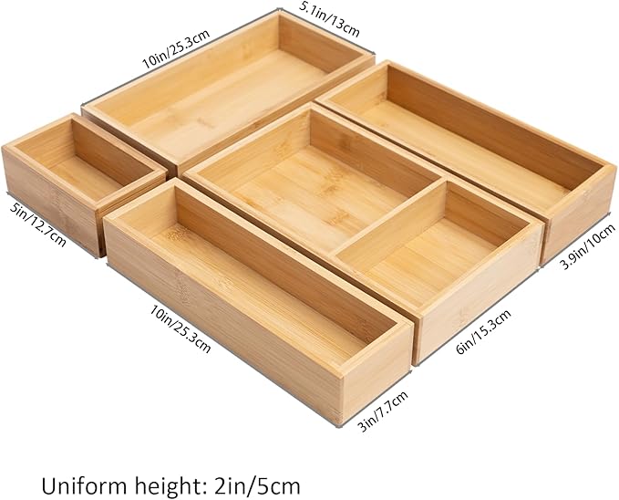 Bamboo Desk Organizer, Utensil Holder Storage Box, Wood Drawer Organizer Set for Kitchen, Bathroom, Office Desk, Makeup, Utensils, Jewelry