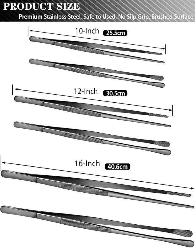 JETKONG 2 Pcs 10-Inch Kitchen Tweezers Tongs with Precision Serrated Tips, Stainless Steel Chef Tweezer Professional Cooking Tweezers for BBQ, Plating and Serving (10-Inch, Black)