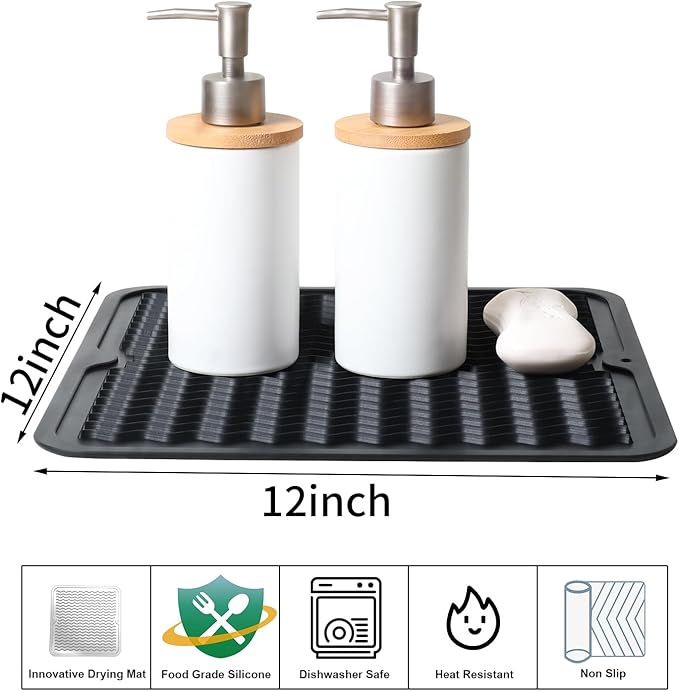 ZLR 2 Pcs Silicone Dish Drying Mat 12" x 12" Square - Small Heat Resistant Trivet & Countertop Protector for Air Fryer, Coffee Maker - Waterproof Kitchen Drain Pad for Cups, Fruit (Black)