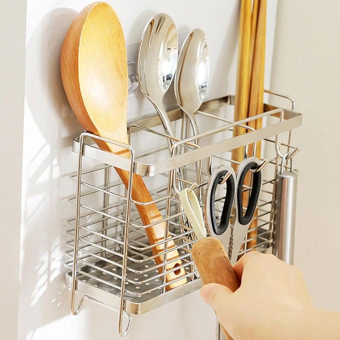 Kitchen Utensil Holder, Stainless Steel Utensil Drying Rack with Hooks, Utensil Holder Counter Organizer, 3 Compartments for Forks, Knives, Spoons, Chopsticks & Cooking Tools (Silver)