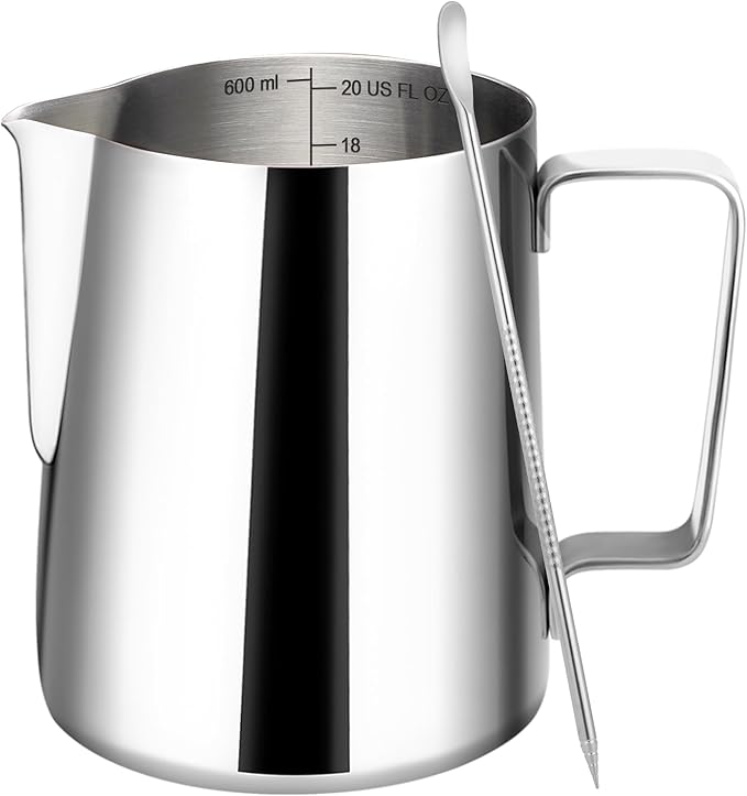 Amrules Milk Frothing Pitcher, 20oz Milk Frother Cup with Clear Scale, 304 Stainless Steel Cappuccino Espresso Machine Accessories for Barista Coffee Bar with Latte Art Pen, Silver