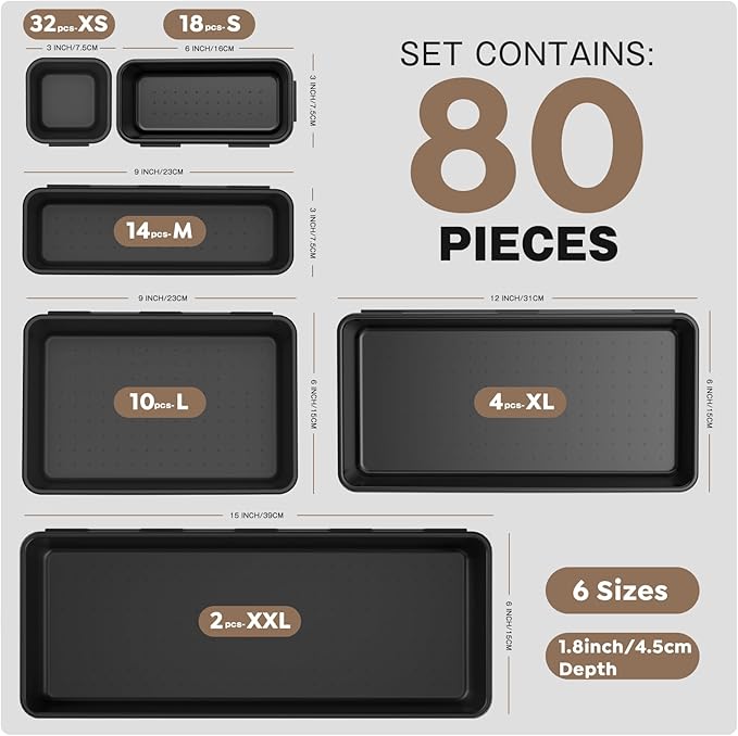 A-LuGei 【𝟲𝗦𝗜𝗭𝗘 & 80PCS Tool Box Organizer【Fits 100+ Tools】 Black Garage Organization and Storage Tray Divider Set, Desk Drawer Organizer, Toolbox for Rolling Tool Chest Cart WorkBench Small Part
