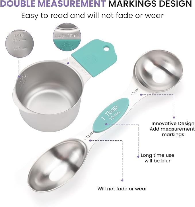 Magnetic Measuring Cups and Spoons Set, N52 Magnetic Nesting Design magnetic spoons, 304 Stainless Steel measuring cups, Dual-sided Design Set of 15 with Leveler for Dry & Liquid Ingredients