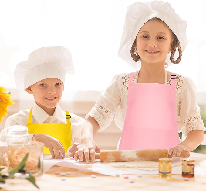 Morcheiong 8/12/24 Pack Adjustable Kids Apron Bulk with 2 Pockets Toddler Apron Kids Painting Aprons for Baking Painting
