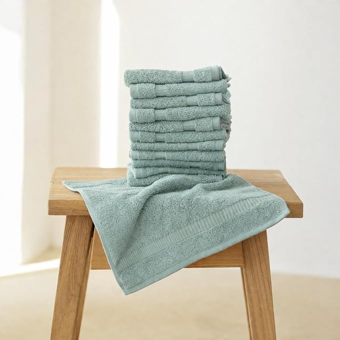SALBAKOS 100% Turkish Cotton Washcloth Set of 12 13x13 inch | Heirloom Quality | Hotel & Spa Collection | Ultra Soft, Super Absorbent, Washcloth Towels | Made in Turkey (Seafoam Green, 12 Washcloths)
