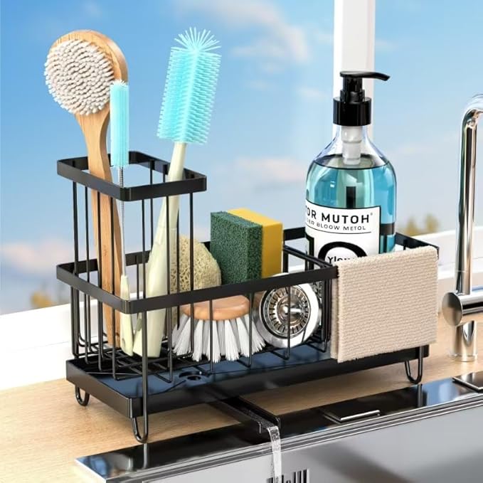 Kitchen Sink Sponge Holder & Soap Caddy - Countertop Dish Rack Space, Self-Draining Tray, Keeps Sponges & Soap Organized Black