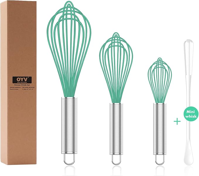 OYV Teal Silicone Whisk, Professional Silicone Whisks For Cooking Non Scratch, Stainless Steel & Silicone Wisk,Plastic Rubber Whisk Tool for Nonstick Cookware Pans, Silicon Wisks Set of 3, Aqua