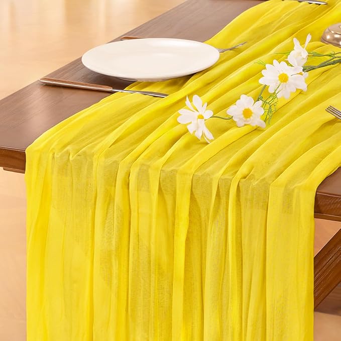 Socomi 10pcs Yellow Cheesecloth Table Runner Boho Rustic Gauze 120 inch 10FT Cheese Cloth Runner for Wedding Party Baby Shower Birthday Home Decor Holiday Decorations